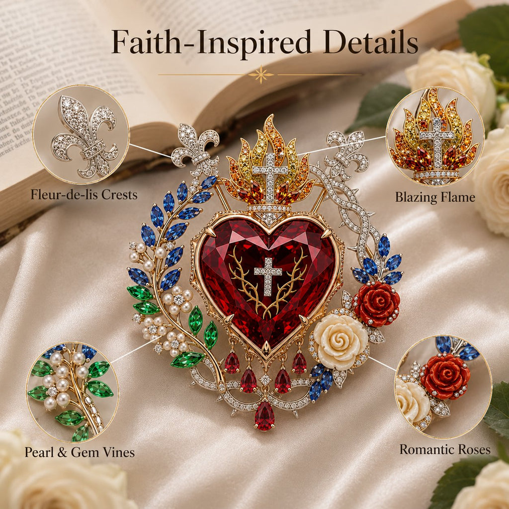 Sacred Heart Floral Gemstone Brooch | Vintage Palace-Inspired Statement Pin