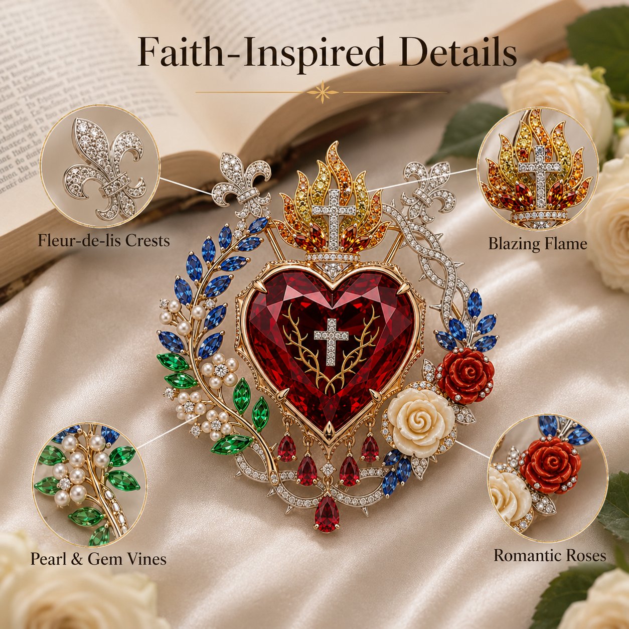 Sacred Heart Floral Gemstone Brooch | Vintage Palace-Inspired Statement Pin