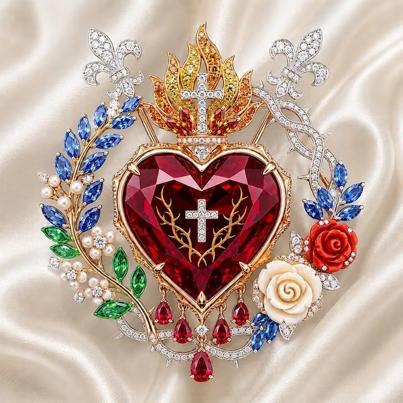 Sacred Heart Floral Gemstone Brooch | Vintage Palace-Inspired Statement Pin