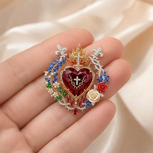 Sacred Heart Floral Gemstone Brooch | Vintage Palace-Inspired Statement Pin