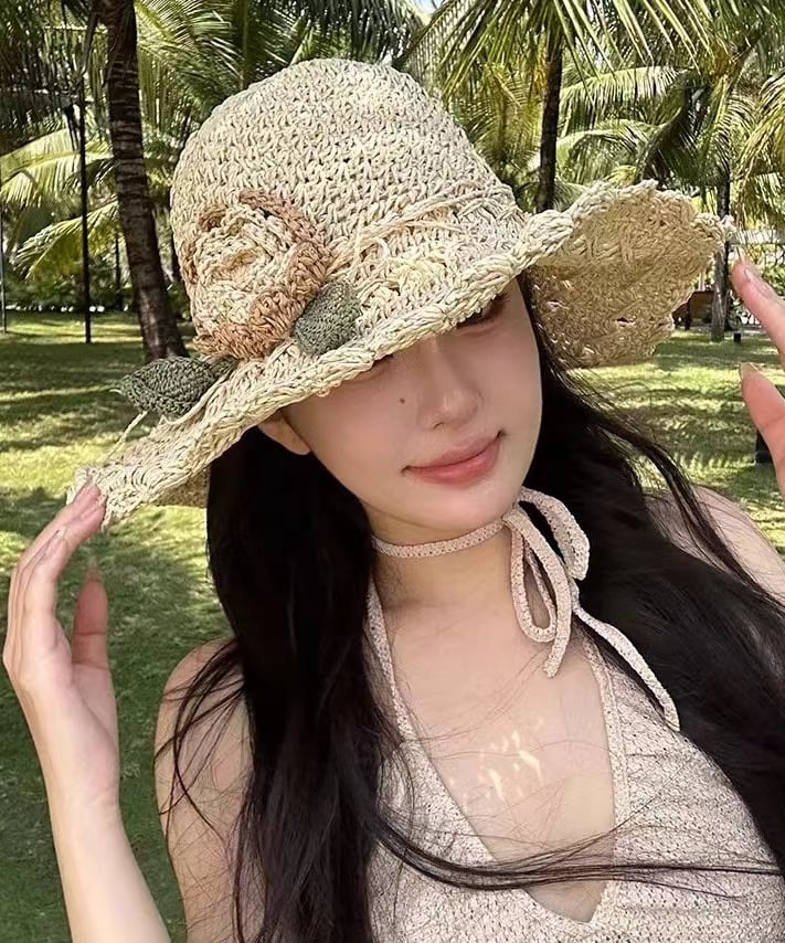 2026 Elegant Crochet Straw Hat with Ruffle Detail - Perfect for Summer Travel  Days
