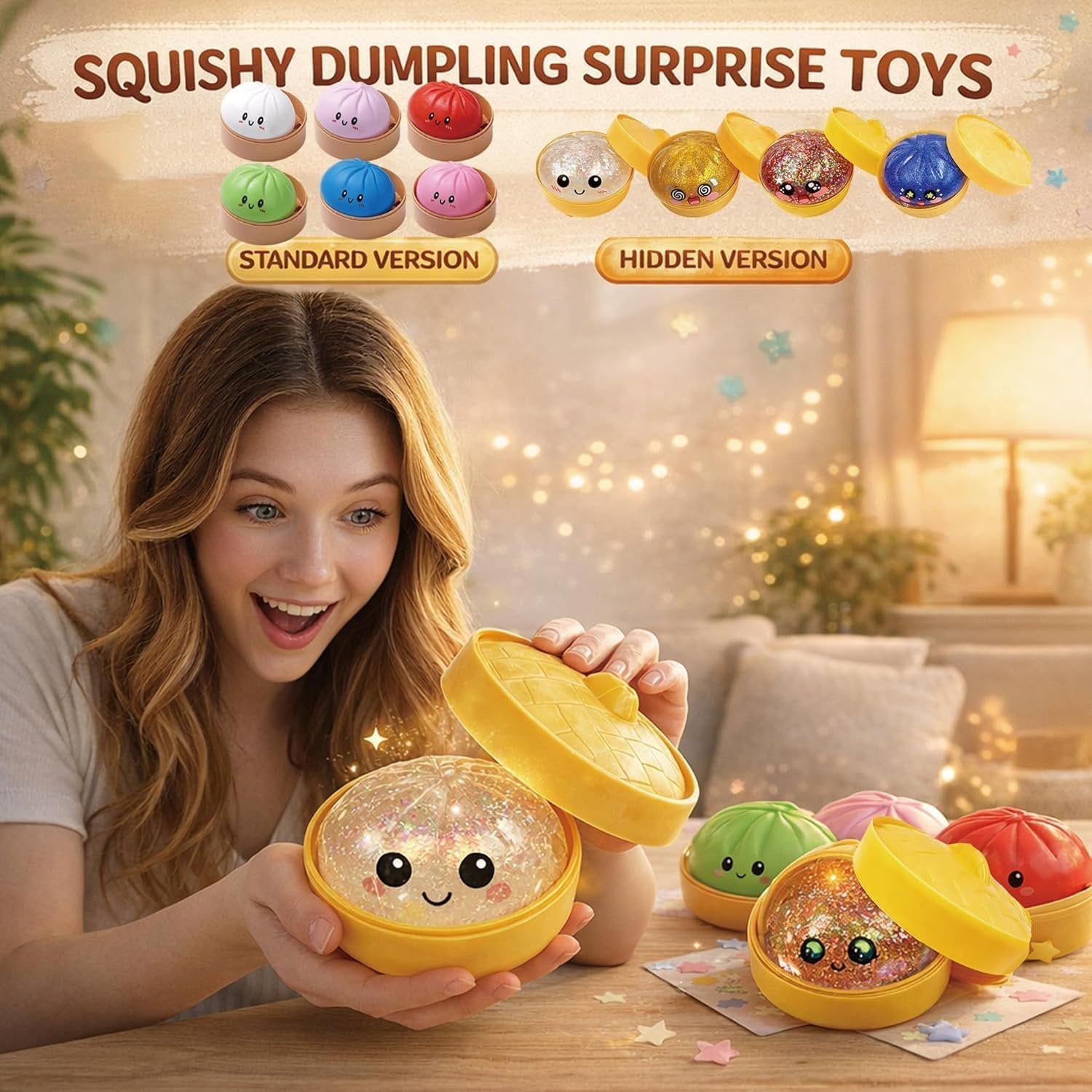 Ultra-Cute Sparkling Dumpling Squishy Toy with Mini Steamer